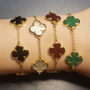 15mm four leaf clover bracelet in various colors. 18k gold plated sterling silver