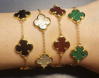 15mm four leaf clover bracelet in various colors. 18k gold plated sterling silver
