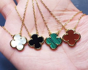 15mm four leaf clover necklace in various colors. 14k gold plated sterling silver