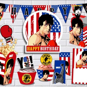 Rocky Balboa Box Party-Set-Dekoration – Topper-Banner, Einladung, digitaler Download – zum Ausdrucken, PDF-PNG, Partyzubehör „Happy Birthday USA“.