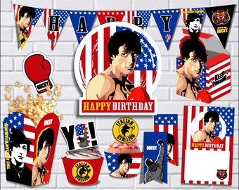 Rocky Balboa Box Party kit decoration- Topper-Banner Invitation Digital Download -Printable-PDF-PNG Party Supplies Happy Birthday USA