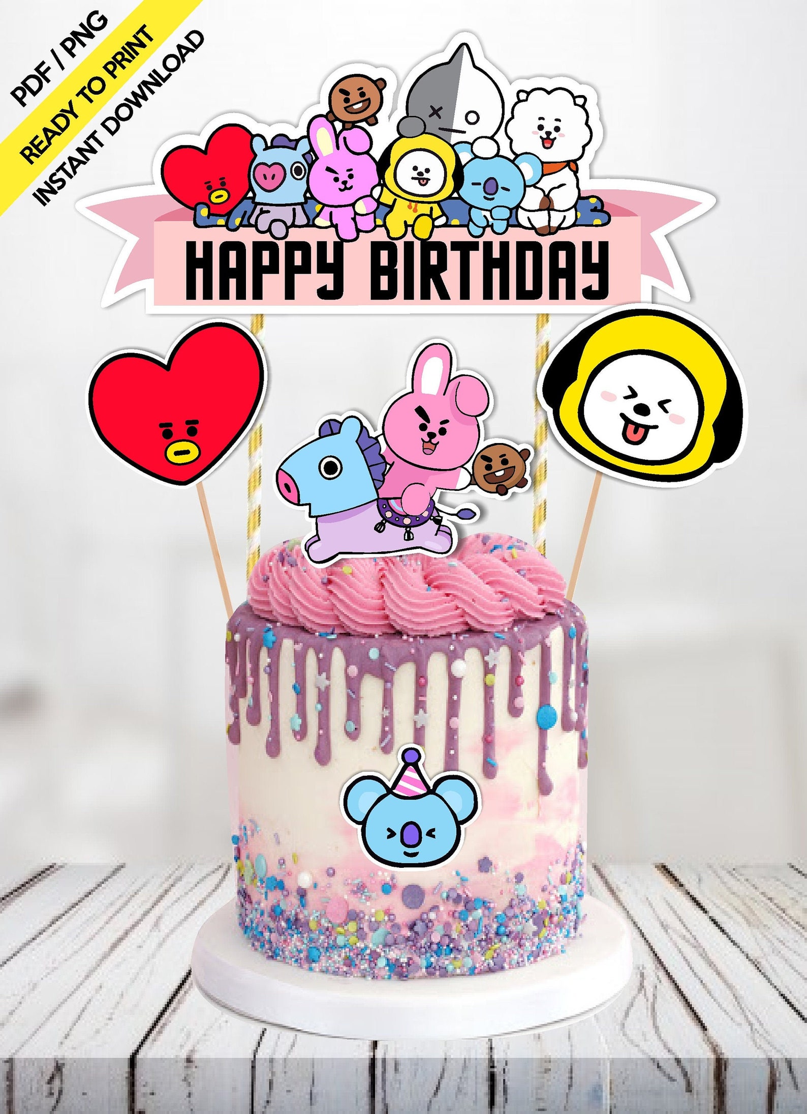 Happy Birthday Bt21 Cake Topper Printable Custom Name Happy Birthday ...