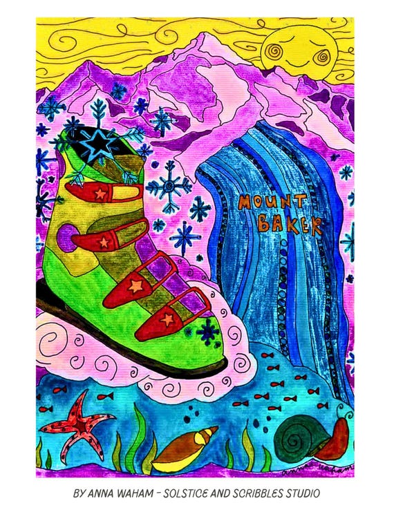 Ski to Sea Original Hand-painted Watercolor Art for Home Decor