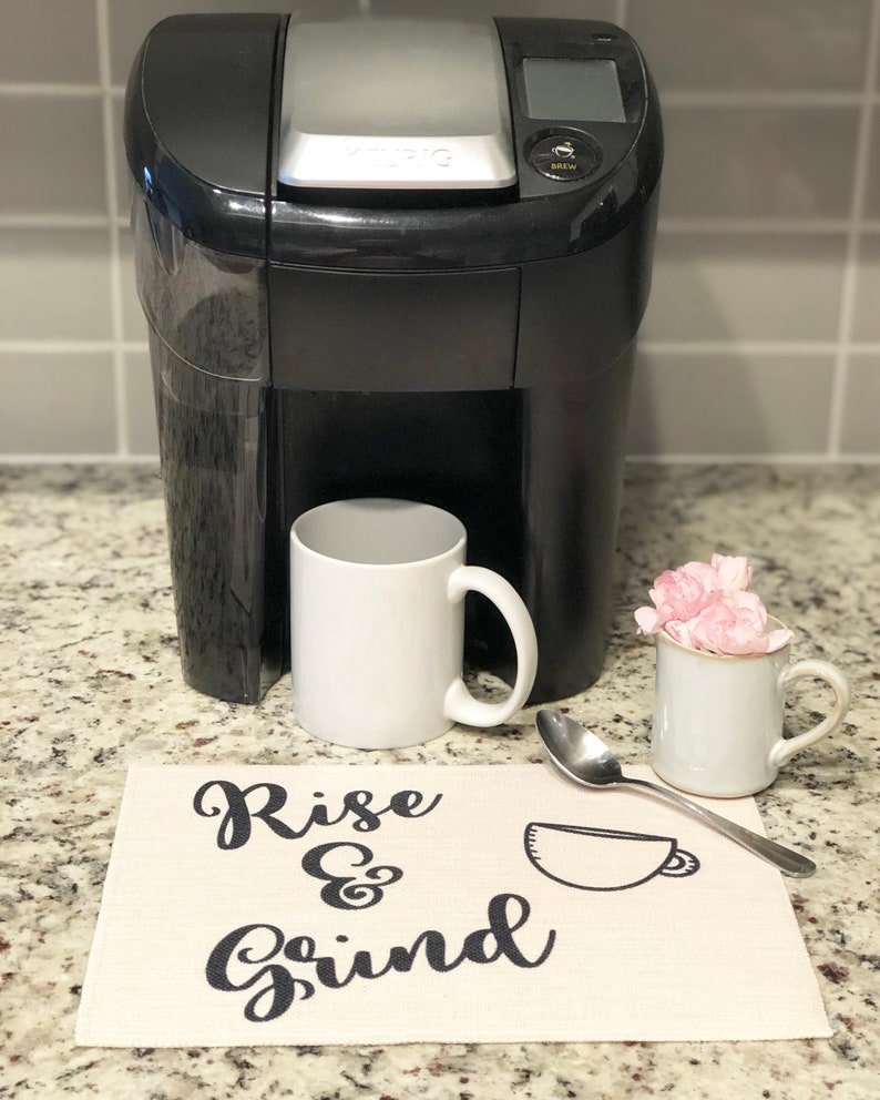 Rise and Grind Coffee Bar Mat Farmhouse coffee mat Keurig Etsy