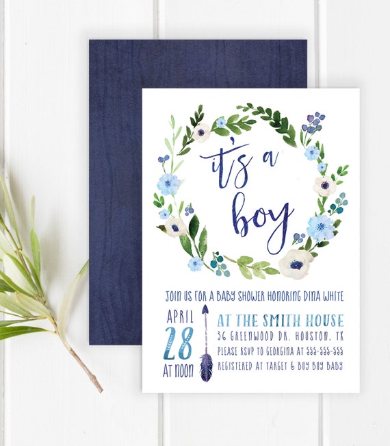 it's a boy baby shower invitation, brunch invitation blue - boho, boy  shower party invitations - printable diy customizable card invite