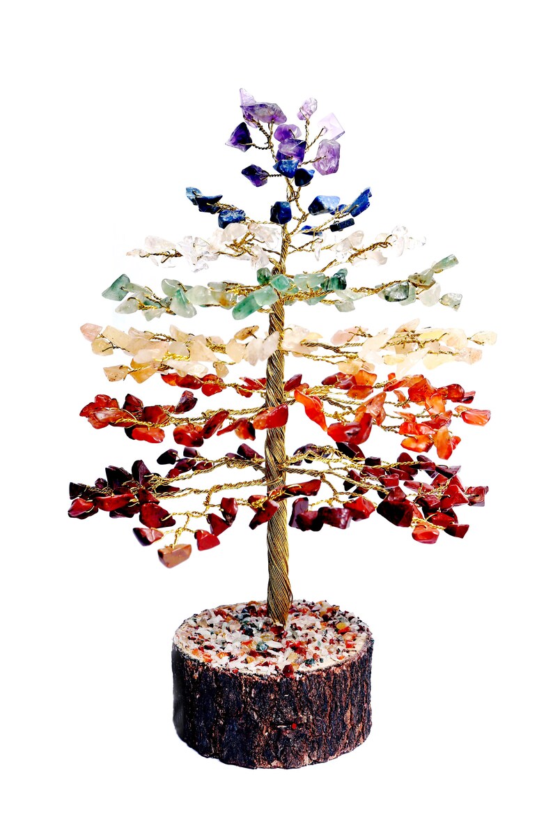 Seven Chakra Gemstone Feng Shui Healing Crystal Bonsai Fortune Money Tree For Home Decor Wealth Health Good Luck Golden Wire Size 10 Inch - 