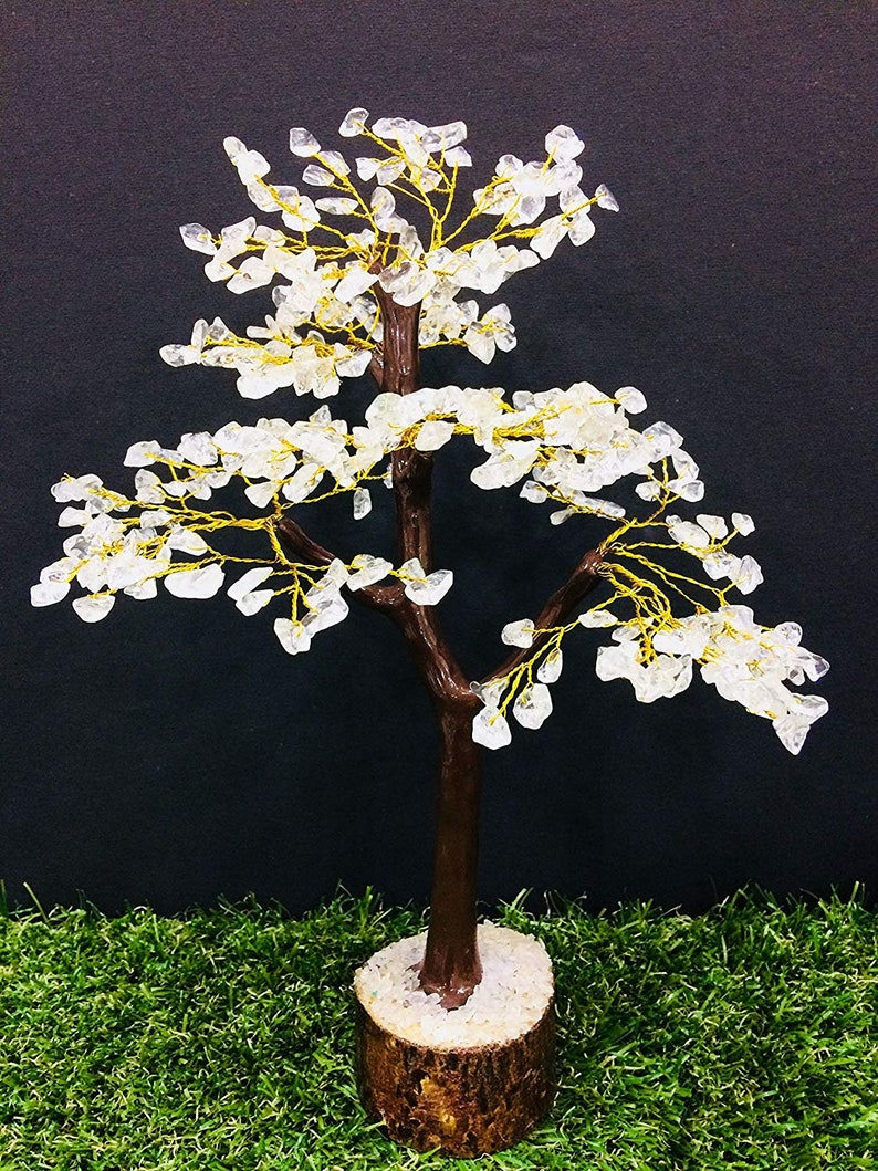 Clear Quartz Feng Shui Gemstone Healing Crystal Money Tree Bonsai Fortune Good Luck Spiritual Gift Home Decor Golden Wire Size 10 12 Inch - 