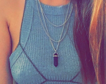 Silver Stone Pendant Multistrand Necklace