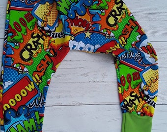 2-3, Funky sound-effects harem trousers, parachute pants, baggy leggings, cut for cloth, unisex, boy, girl, gender neutral, bright colours