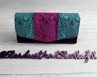 Skull clutch wallet, purse, phone case, card holder, purple and turquoise, Necessary Clutch, Tula, goth, grunge, NCW, handbag