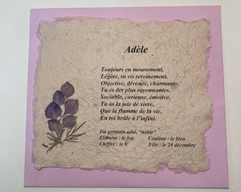 Carte Prénom sur papier antemoro format 10x12cm
