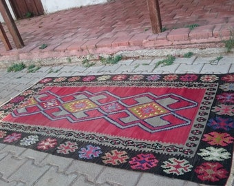 Alfombra turca kilim, alfombra tejida a mano, kilim de área vintage, alfombra boho, kilim grande, alfombra kilim, 203 x 102 cm = 6,6 x 3,3 pies, envío gratuito