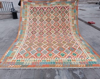 Turkish Large Kilim Vintage Oversize Rug Handmade Area Kilim 300 x 400 cm = 9.8 x 13.1 Ft Oushak Large Rug Bohemian Rug Free Shipping