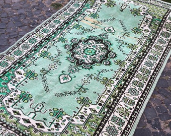 Turkish Vintage Large Green Rug Handknotted Rug 282 x 169 cm =9.2 x 5.5 Ft Oversize Unique Carpet Bohemian Area Rug Free Shipping