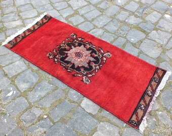 Mini Rug, Turkish Red Rug, Traditional Rug, Small Rug, Bath Mat Rug,  92 x 40 cm = 3 x 1.3 Ft, Vintage Rug, Doormat Rug, Free Shipping