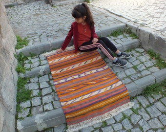 Handwoven Kilim, Natural Rug, Decoration Rug, Colorful Rug, 118 x 78 cm = 3.8 x 2.5 Ft, FREE SHIPPING, H372