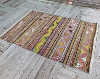 Embroidered Rug, Striped Rug, Area Rug, Turkish Kilim, Handwoven Rug, Yellow Rug, Home Decor Rug, FREE SHİPPİNG, 173 x 123 cm = 5.6 x 4 ft