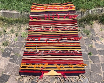 Alfombra Kilim turca hecha a mano: alfombra vintage de lana a rayas (12,5 x 75 cm)