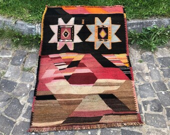 Turkish Small Kilim Kurdish Handmade Rug 113 x 80 cm = 3.7 x 2.6 ft Vintage Wool Rug Geometric Design Rug Decorative Kilim Free Shipping