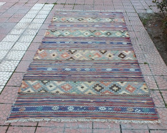 Large Kilim Rug, Turkish Rug, Vintage Purple Rug, Handmade Kilim, Boho Decor, Wool Area Rug, 352 x 180 cm = 11.5 x 5.9 Ft, Free Shipping