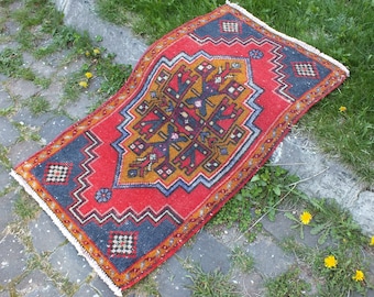 Klein vintage Turks tapijt, wol-katoenmix, boho-deurmat (99 x 55 cm)
