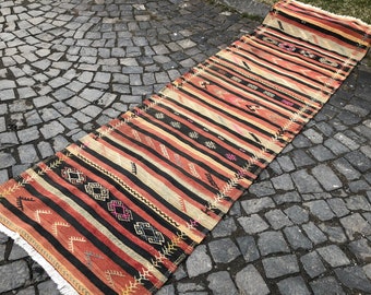 Turkish Kilim Runner, Handmade Wool Runner, Halway Rug, 297 x 90 cm = 9.7 x 2.9 Ft, Kitchen Rug, Striped Design Runner, Free Shipping