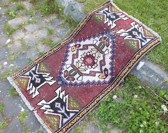 Small Rug, Doormat Rug, Vintage Rug, Handmade Rug, 93 x 52 cm = 3 x 1.7 Ft, Decorative Rug, Turkish Rug, Bath Mat Rug, Free Shipping