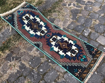 Turkish Rug Small Rug Vintage Door Mat Rug 111 x 38 cm = 3.6 x 1.2 Ft Handmade Mini Rug Decoration Purple Boho Rug Free Shipping