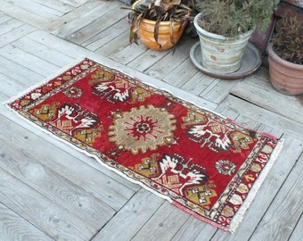 Turkish Rug, Small Rug, Hand Knotted Rug, Bath mat Rug, 90 x 44 cm =  2.9 x 1.4 ft, Entry Rug, Decorative Rug, Free Shiping