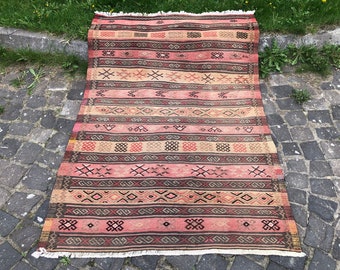 Kilim Rug Turkish Area Kilim Embroidered Rug Handmade Wool Rug 163 x 111 cm = 5.3 x 3.6 Ft Striped Design Rug Boho Decor Rug Free Shipping