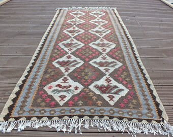 Flatweave Rug, Kilim Rug, Turkish Rug, Handwoven Rug, 163 x 88 cm = 5.3 x 2.8 Ft, Oushak Rug, Vintage Rug, Decorative Pink Rug,FREE SHIPPING