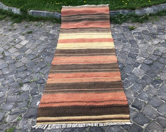 Handmade Turkish Runner Rug Vintage Kilim Runner 240 x 90 cm = 7.8 x 2.9 ft Pastel Color Rug Striped Design Rug Kitchen Runner Free Shipping