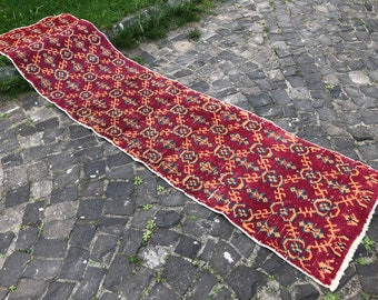 Vintage turkisk matta: Handgjord ull boho hallmatta (2,4 x 6,2 m)
