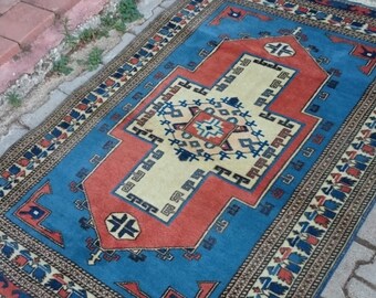 Area Carpet, Vintage Rug, Turkish Rug, Antique Rug, Blue Rug, Wool Floor Rug, Turkey Bedroom Rug 166 x 115 cm = 5.4 x 3.7 ft, Free Shipping