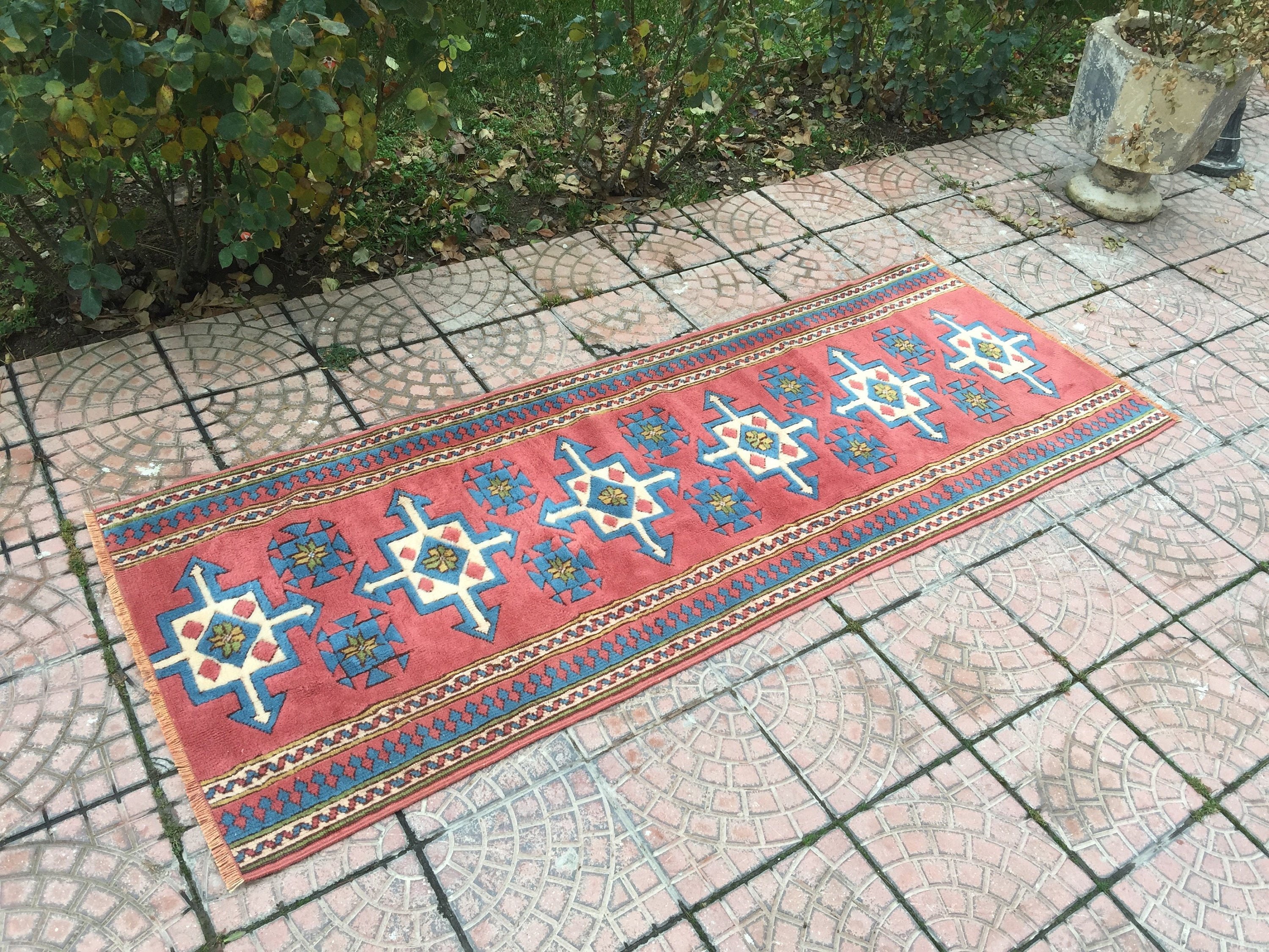 Turkish Rug Runner Vintage Wool Floor Hallway Anatolian Pink 232 X 87 cm = 7.6 2.8 Ft, Free Shipping