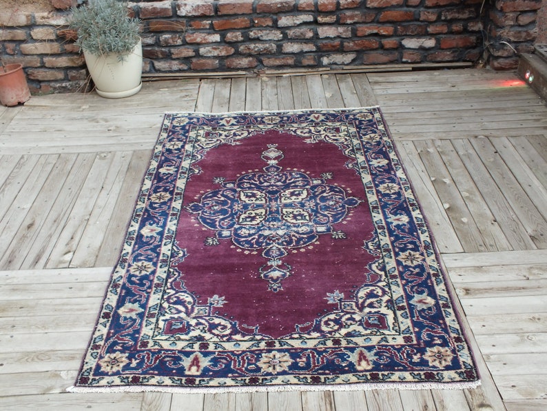 Hand Knotted Rug, Turkish Purple Rug, Anatolian Wool Rug, Bohemian Floor Rugs, Oriental Area Rug, 199 x 112 cm 6.5 x 3.6 ft, FREE SHİPPİNG image 1