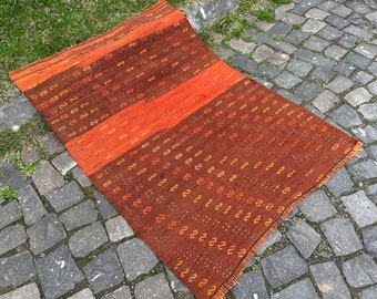 Handmade Orange Kilim Rug, Turkish Floor Rug, Vintage Kilim 122 x 94 cm = 4 x 3 Ft Bohemian Decoration Rug, Oriental Cicim Rug Free Shipping
