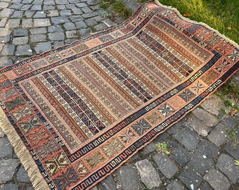 Handmade Soumak Rug, Vintage Turkish Rug, Bohemian Wool Rug, 154 x 98 cm = 5 x 3.2 Ft, Oriental Rug, Kurdish Unique Rug, Free Shipping