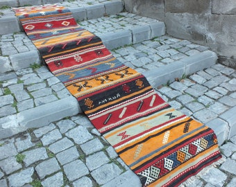 Vintage Turkish Kilim Runner: Handwoven Wool Hallway Rug (9.9 x 2 Ft)