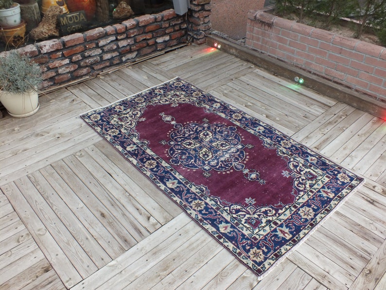 Hand Knotted Rug, Turkish Purple Rug, Anatolian Wool Rug, Bohemian Floor Rugs, Oriental Area Rug, 199 x 112 cm 6.5 x 3.6 ft, FREE SHİPPİNG image 2