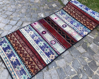 Löpare i patchworkstil, hallmatta, vintage-löpare, boho-matta, 190 x 80 cm = 6,2 x 2,6 fot, handgjord matta, turkisk löpare, fri frakt