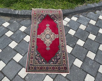 Turkish Small Red Rug, Handmade Door mat , 111 x 55 cm = 3.6 x 1.8 Ft, Vintage Bath Mat, Bohemian Carpet, Free Shipping