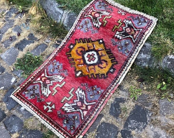 New Years Gift Rug Handmade Turkish Small Rug 90 x 48 cm = 2.9 x 1.5 Ft  Mini Vintage Decoration Carpet Entry Rug Free Shipping