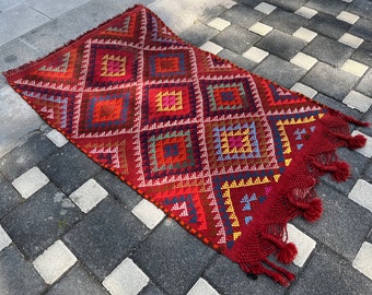 Kilim rouge turc, tapis kilim, tapis nomade, 117 x 77 cm = 3,8 x 2,5 pieds, tapis tribal, tapis de sol bohème, tapis vintage fait main, livraison gratuite