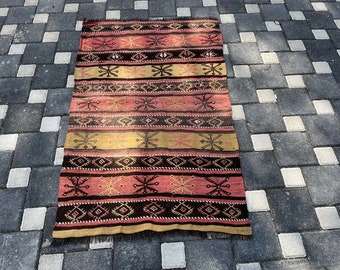 Kilim Rug, Turkish Wool Rug, Vintage Anatolian Rug, 144 x 87 cm = 4.7 x 2.8 Ft, Bohemian Floor Rugs, Handmade Kilim, Free Shipping