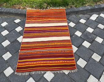 Kilim turc, tapis orange, tapis kilim, 120 x 76 cm = 3,9 x 2,4 pieds, tapis vintage, tapis à rayures, tapis fait main, livraison gratuite