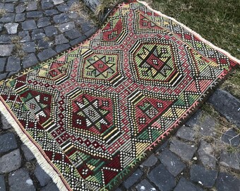 Turkish Handmade Kilim Embroidered Rug Vintage Wool Rug  124 x 94 cm = 4 x 3 ft Bohemian Floor Rug Anatolian Oriental Rug Free Shipping