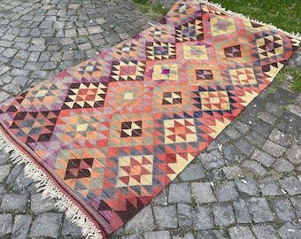 Large Turkish Kilim Rug: Handmade Vintage Wool Bohemian Rug (7.2 x 3.9 Ft)