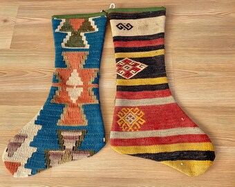 Christmas Socks kilim, 2 Piece Boho Christmas Stocking Decor, Kilim Holiday Decor, Fireplace Stocking, Xmas Stocking, Xmas Gift, Rug
