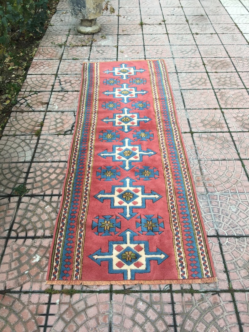 Turkish Rug Runner Runner Rug Vintage Rug Wool Rug Floor Rug Hallway Rug Anatolian Pink Rug 232 x 87 cm 7.6 x 2.8 ft, FREE SHIPPING image 2